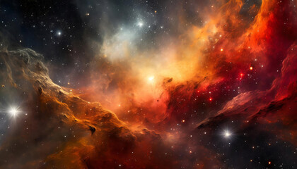 Fototapeta premium Hyperrealistic dense gas, dust, space nebula with shiny stars, supernova clouds cosmos universe in colorful fantasy cosmic warm red, orange, amber, yellow, dark grey colors background or wallpaper.