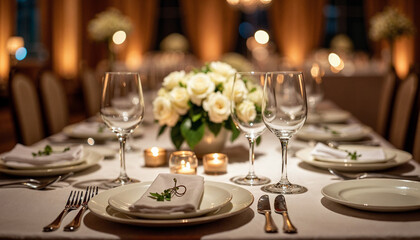 A lavish dining table set with elegant tableware, crystal glasses, and a white rose centerpiece, ideal for formal events.







