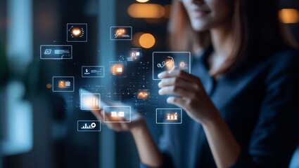 Engaging with the Future: A User Navigating a Virtual Network of Data Visualizations and Interactive Infographics in a Modern, Tech-Savvy Environment