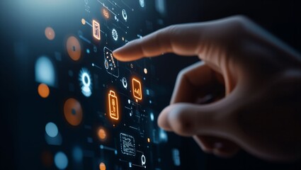 Engaging with Technology: A Close-Up View of a Hand Selecting Data Points on an Advanced Digital Interface, Highlighting Modern Interaction in a High-Tech World.