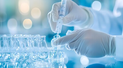 Fototapeta premium Scientist Filling Beaker With Liquid in Lab