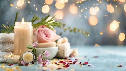 A serene arrangement of candles, flowers, and spa items creating a calming atmosphere.