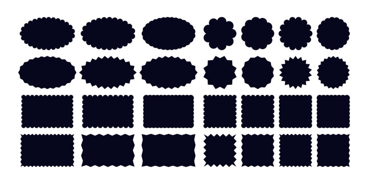 Geometric shapes with scallop and zigzag edges set. Silhouette stickers circle, square, oval and rectangle labels.
