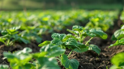Obraz premium A lush field of green plants thriving in the sunlight, showcasing agricultural growth and cultivation.