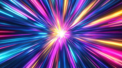 Obraz premium Abstract starburst of neon lights, dynamic lines mimicking the speed of light in the galaxy with blue, pink, yellow, and purple glow