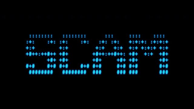 Scam made of letters. ASCII art code symbols. Glitchy text revealing. Embedded alpha channel