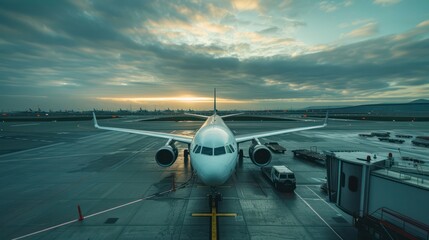 A front view of an airplane on a runway during sunset, showcasing an airport environment.