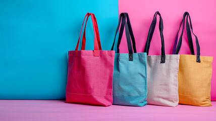 Four stylish tote bags in vibrant colors rest side by side on a smooth surface. The background features bold blue and pink tones, enhancing the bags' appeal and showcasing their design. Copy space