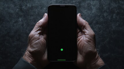 A Pair of Hands Holding a Smartphone with a Green Light