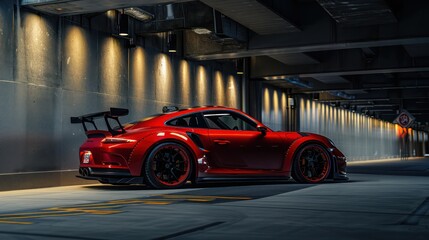 A sleek red sports car parked in a modern underground garage, showcasing its design and performance features.