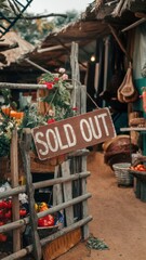 Naklejka premium Charming Rustic Sold out Sign Hangs in a Vibrant Market Brimming With Seasonal Produce and Local Charm. Generative AI