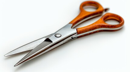 A pair of sharp, stainless steel scissors with orange plastic handles is isolated on a white background.