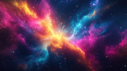 Obraz premium Abstract galaxy explosion with swirling neon light rays, featuring blue, pink, yellow, and purple colors glowing against a dark background