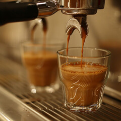 A barista operates an espresso machine, pouring freshly brewed coffee into a glass. Two drinks are being prepared, highlighting the craft and energy of a busy cafe setting.
