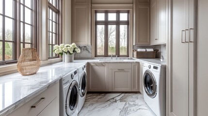 Elegant laundry space featuring marble countertops, sophisticated cabinetry, creating a refined atmosphere for an elevated washing experience