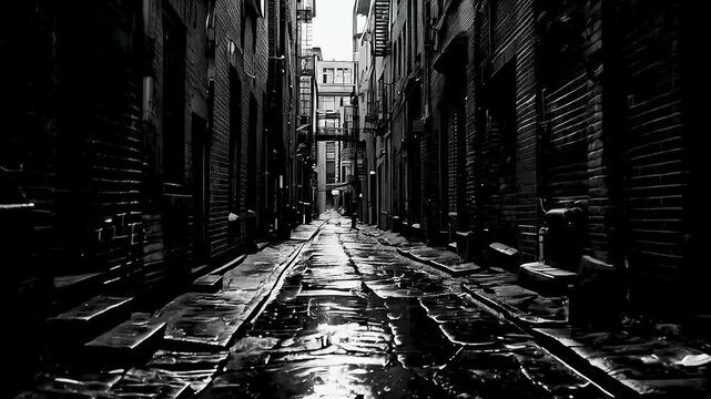 a dark alley  with  a train track  running down the middle and  a person  walking down the alley.