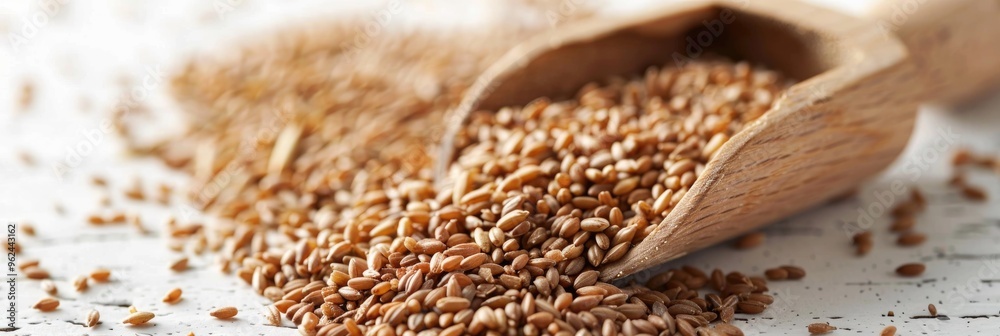 Canvas Prints Close-up of a wooden scoop containing raw dry rye grain on a white surface. Nutrient-rich gluten-free seeds ideal for vegan and vegetarian diets.