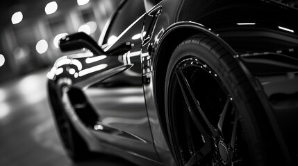 A close-up view of a sleek, black sports car showcasing its curves and tire details in a dimly lit environment.