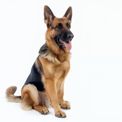 Fototapeta premium A German Shepherd dog sits with tongue sticking out, looking to the right, on a white background.