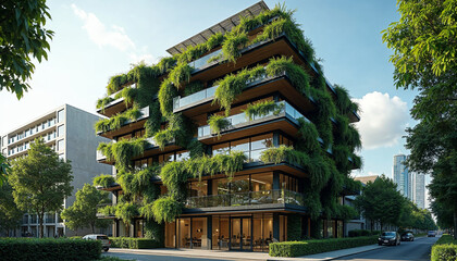 Naklejka premium Nature-friendly building wrapped in lush ivy, promoting eco-consciousness and sustainable design.