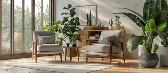 Fototapeta premium Interior Of Living Room With Cozy Grey Armchairs And Houseplants On Wooden Coffee Table