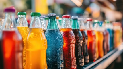 Close-up view of colorful soda bottles in a row on a shelf, with a blurred background emphasizing their vibrant colors. Concept of refreshment