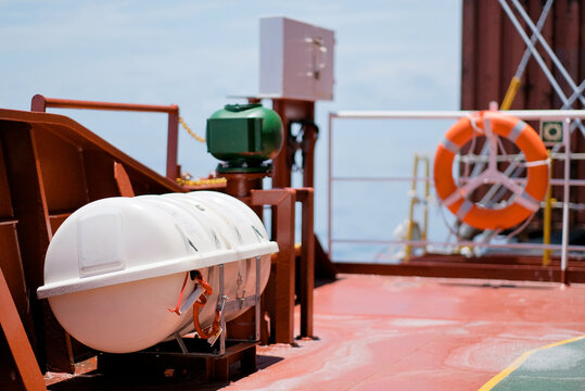 SOLAS Approved Life Raft And Life Buoy Near Embarkation Ladder Rigging Area