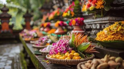 Fototapeta premium Offerings of Flowers, Fruit, and Other Natural Elements at a Balinese Temple
