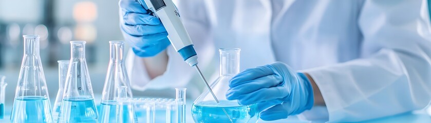Scientist Working in Lab with Pipette and Blue Liquid