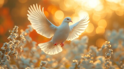 Fototapeta premium A white dove with wings spread takes flight against a glowing sunrise and white flowers.
