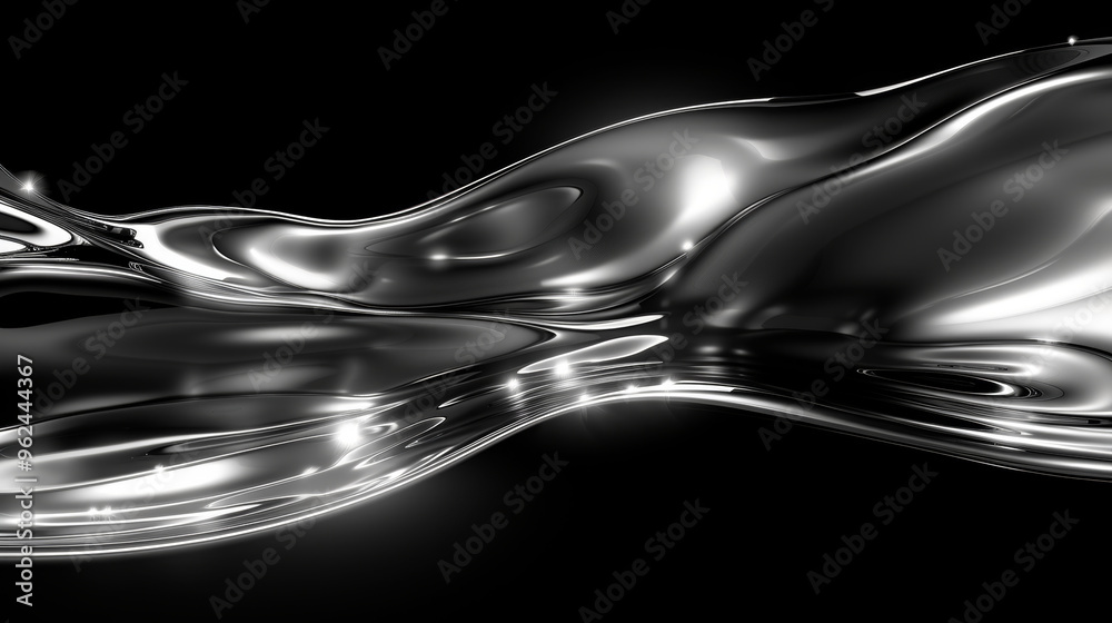 Poster swirling forms of metallic liquid gracefully undulate in a dark background, creating a dynamic and c