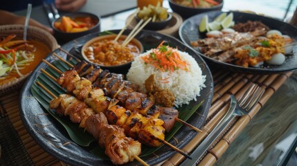 Fototapeta premium Grilled Skewers with Rice, Curry, and Other Dishes on a Table