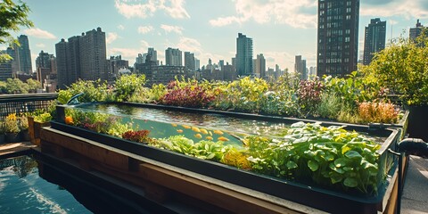 Fototapeta premium A rooftop garden with a clear glass pond in the middle, with golden fish swimming in the pond, surrounded by greenery. The cityscape is visible in the background.