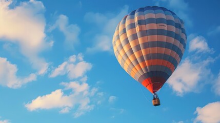 Naklejka premium A colorful hot air balloon soaring in a blue sky with fluffy clouds.