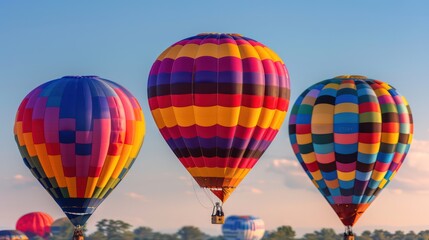 Obraz premium Colorful hot air balloons floating in a clear sky, showcasing vibrant patterns and a serene atmosphere.