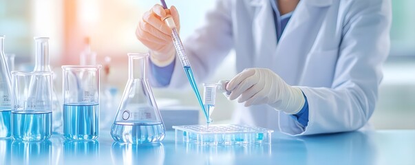 Fototapeta premium Scientist Working with Blue Liquid in Lab