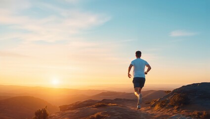 A lone runner strides into the breathtaking dawn, embracing the tranquility of nature as the soft sunlight casts golden hues across the undulating hills and sky.