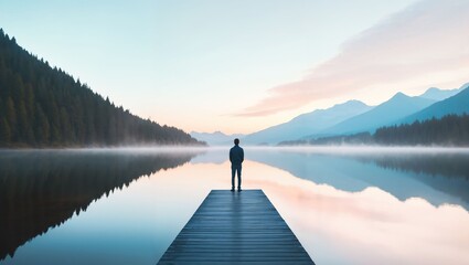 A solitary figure stands on a wooden pier, gazing over a tranquil lake surrounded by misty mountains at dawn, reflecting serenity and deep contemplation of life’s beauty.