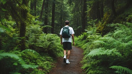 Fototapeta premium A Solo Journey Through Lush Greenery: Exploring the Tranquil Forest Path, Where Nature's Beauty and Serenity Unite to Create a Perfect Escape for Any Adventurer and Nature Lover.
