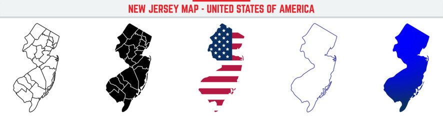 New Jersey Map with editable stroke icon. New Jersey USA State thin line icon, New Jersey map vector illustration, New Jersey, NJ  silhouette vector map