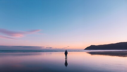 Fototapeta premium A mesmerizing sunset casts vibrant colors over a tranquil beach, highlighting the silhouette of a lone figure standing amidst the serene waves, inviting contemplation and tranquility.