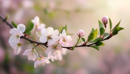 Gently hold the blooming flower branches with one hand, and the petals and young leaves appear fresh and natural in the hazy background, showing the vitality and beauty of spring.