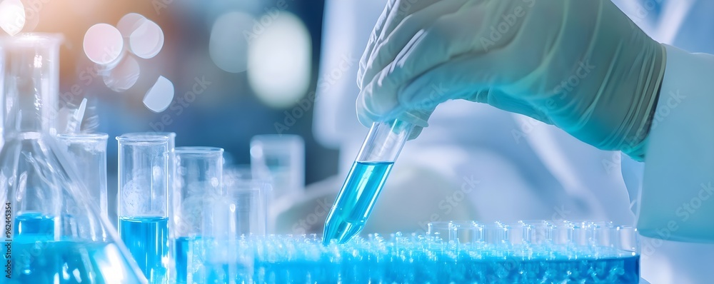 Poster scientist's hand holding test tube with blue liquid in laboratory