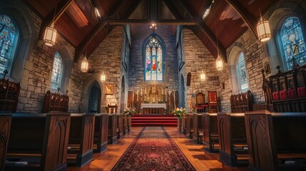 Obraz premium A serene interior of a church featuring stained glass windows and wooden pews, designed for worship.