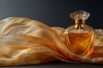 Closeup of a perfume bottle with a gold-colored fabric.