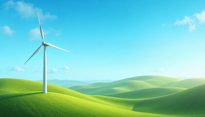 Obraz premium A modern wind turbine towers over green hills under a clear blue sky, highlighting the blend of technology and nature with abundant sunlight and a fresh, vibrant landscape.