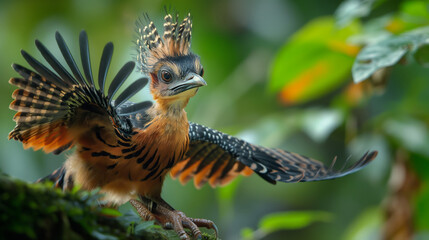 Fototapeta premium Royal Flycatcher's Grand Display: A vibrant Royal Flycatcher, with its magnificent crest fully fanned, perches on a mossy branch in the Amazon rainforest, showcasing its striking plumage and captivati