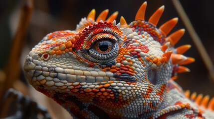 Fototapeta premium Close-Up of a Vibrant Lizard: A striking macro shot of a colorful lizard with sharp, orange spines. The lizard's eye, captured in incredible detail, gazes directly at the camera, inviting the viewer i