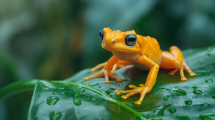 Golden Poison Dart Frog: A vibrant, captivating, and slightly venomous Golden Poison Dart Frog perched atop a lush green leaf, its striking yellow skin and piercing blue eyes gleaming in the rainfores