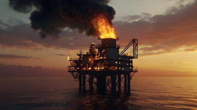 Black smoke comes out of the chimney of an oil drilling industry in the middle of the sea. Seamless 4K looping timelapse video animation background
